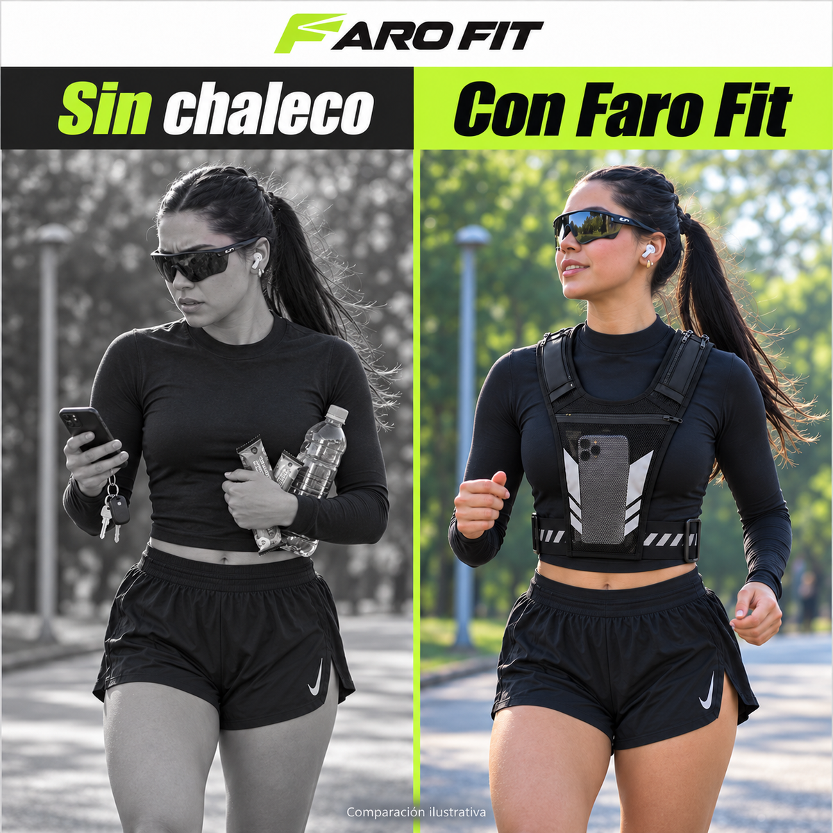 Sin chaleco vs con Faro Fit